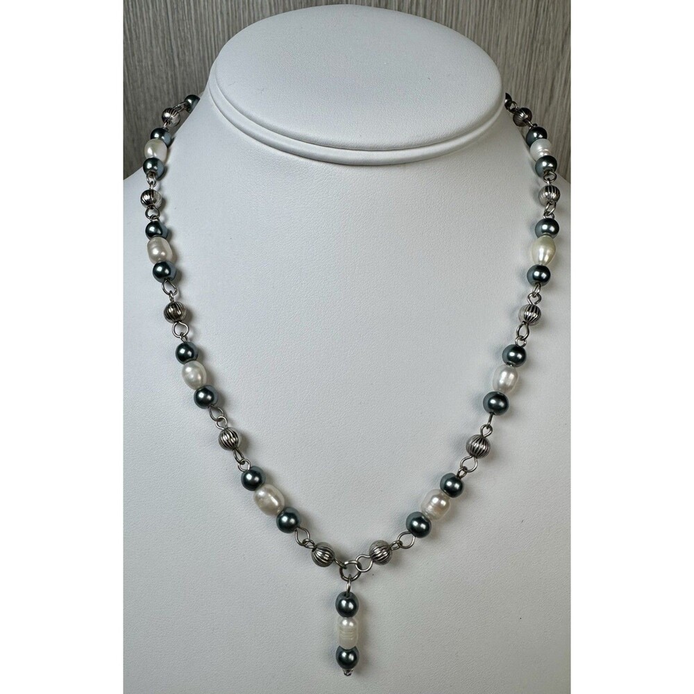 Adjustable Silver Tone Natural Pearl Blue Y Necklace 22in LBVYR